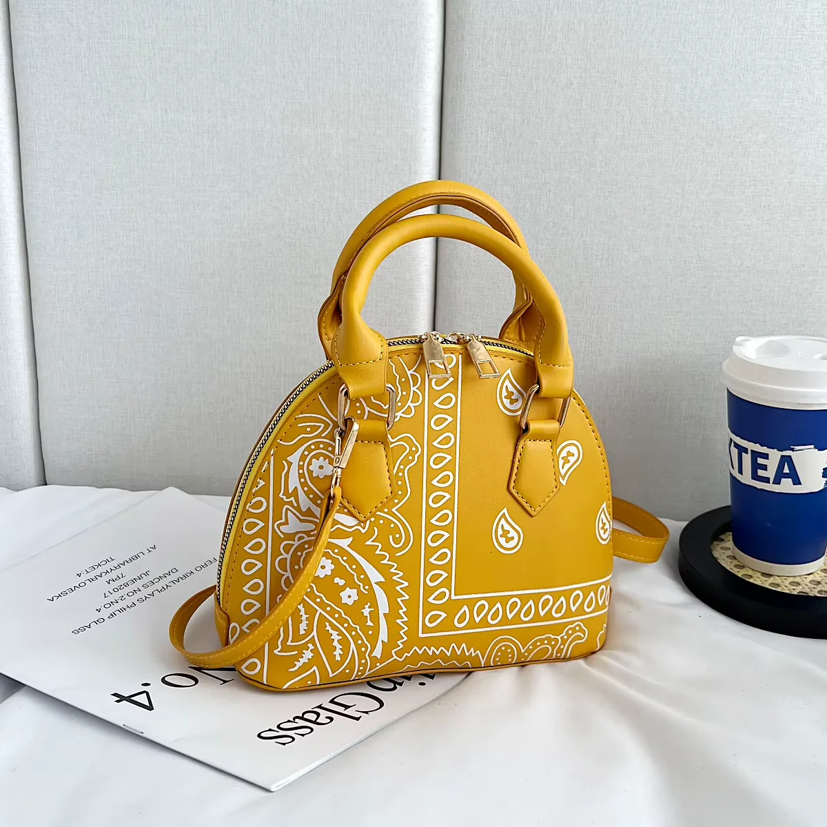 Paisley-Print Crossbody Handbag with Matching Accessory Options Yellow handbag color SKU reference