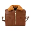 PU Shoulder Bag with Faux-Fur Collar Brown color SKU reference